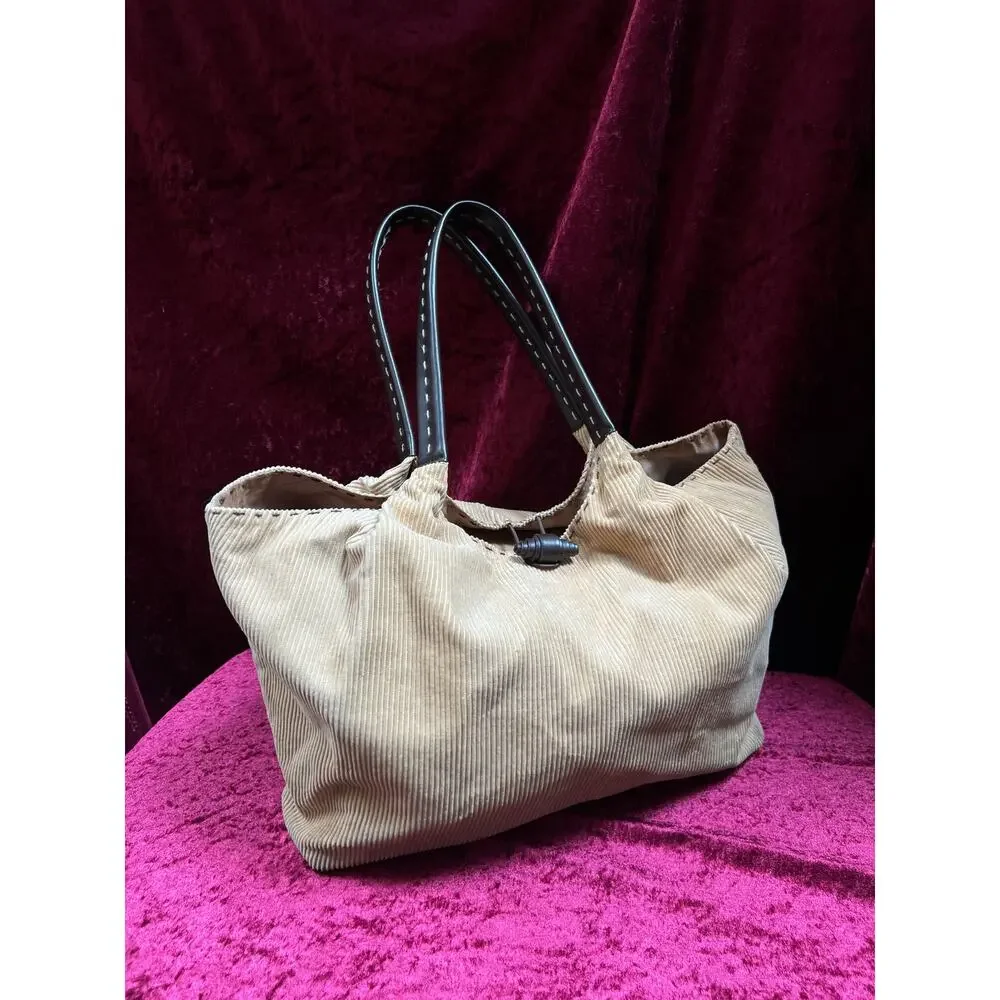 Vintage Moda International Corduroy Shoulder Bag - Tan Cotton Brown PVC Tote